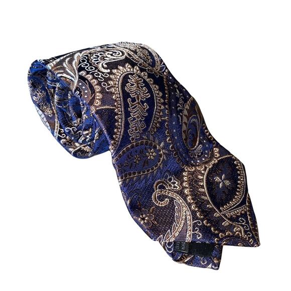 Express Design Studio Paisley Print Blue and Brown 100% Italian Silk Tie - Picture 1 of 12